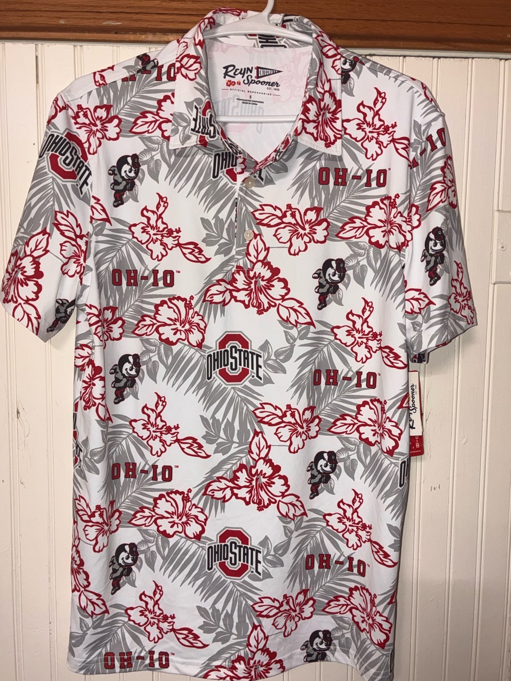 Reyn Spooner White, Red & Gray Ohio State Floral Polo